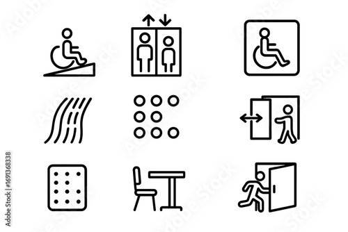 School Accessibility Icons. Outline icon set of Accessibility in schools: ramp, elevator, accessible restroom,