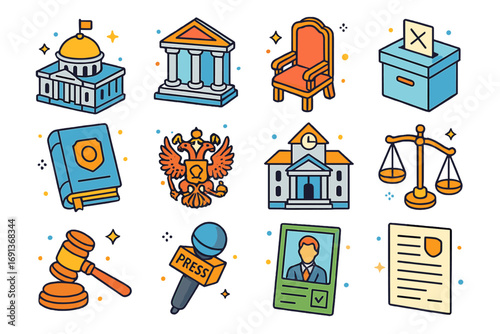 Government Icon Set. Colorful isometric vector icons set of government institutions: parliament building, courthouse, senate chair