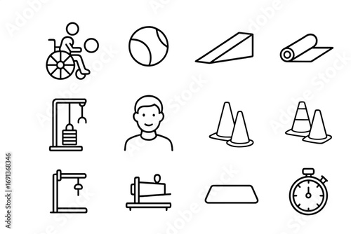 Adaptive PE Icons. Outline icon set of Adaptive physical education: wheelchair sports, adaptive ball, ramp,