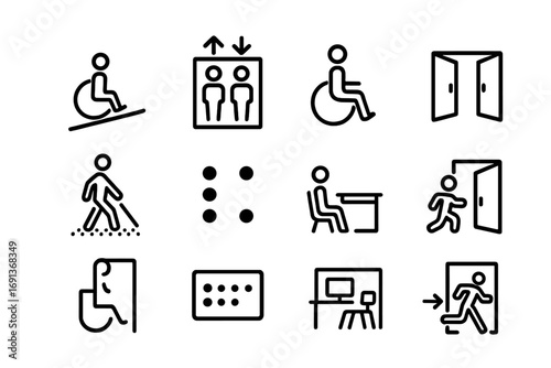 School Accessibility Icons. Outline icon set of Accessibility in schools: ramp, elevator, accessible restroom,