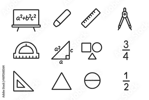 Math Chalkboard Icons. Outline icon set of Chalkboard with math equations: chalkboard, chalk, ruler, compass,