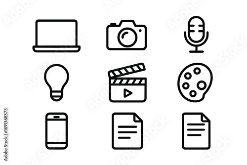 Digital Creation Icons. Outline icon set of digital content creation: laptop, camera, microphone, light bulb,