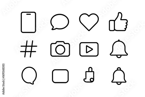 Social Media Icons. Outline icon set of social media content: smartphone, chat bubble, heart, like button,