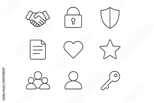 Trust Icon Set. Outline icon set of building trust: handshake, lock, shield, document, heart, star, group of
