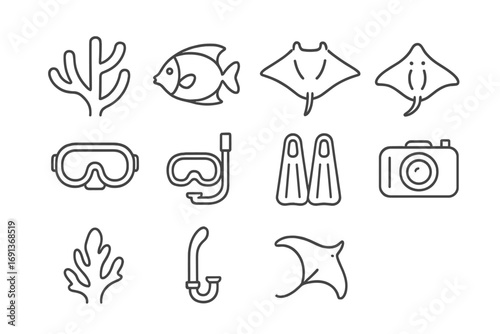 Reef Exploration Icons. Outline icon set of Reef exploration: coral, tropical fish, manta ray, stingray, mask,