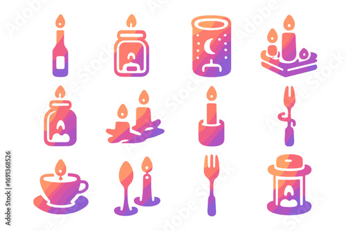 Gradient Upcycled Candle Icons. Gradient icons set of upcycled candle holders and lanterns: wine bottle taper holder, mason jar