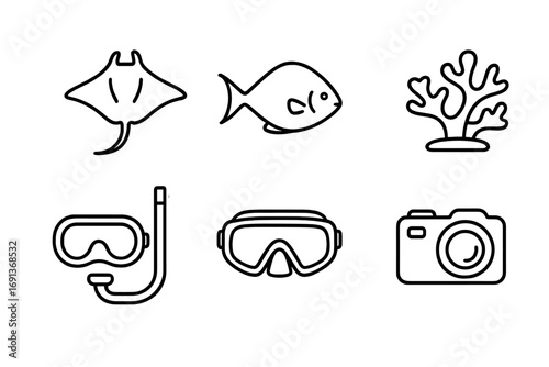 Marine Exploration Icons. Outline icon set of Marine wildlife exploration: manta ray, stingray, fish, coral,