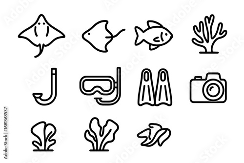 Marine Exploration Icons. Outline icon set of Marine wildlife exploration: manta ray, stingray, fish, coral,