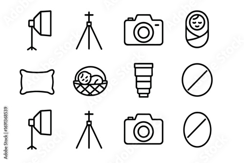 Studio Photography Icons. Outline icon set of studio newborn photography: softbox, tripod, camera, baby,