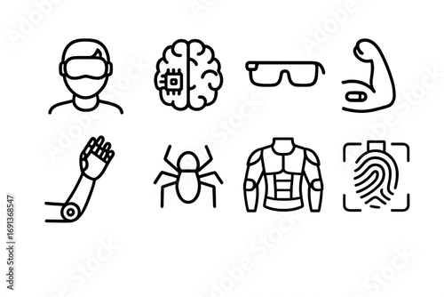 Human Augmentation Icons. Outline icon set of Human augmentation: VR headset, brain chip, smart glasses,