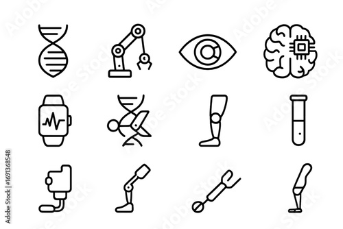 Biotech Icon Set. Outline icon set of Biotechnology and human enhancement: DNA helix, robotic arm, bionic eye,