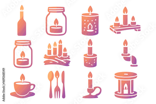 Gradient Upcycled Candle Icons. Gradient icons set of upcycled candle holders and lanterns: wine bottle taper holder, mason jar