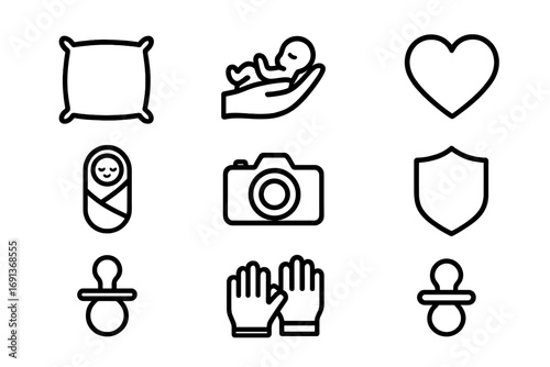 Newborn Photography Safety Icons. Outline icon set of safety in newborn photography: cushion, hand holding