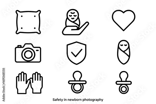 Newborn Photography Safety Icons. Outline icon set of safety in newborn photography: cushion, hand holding