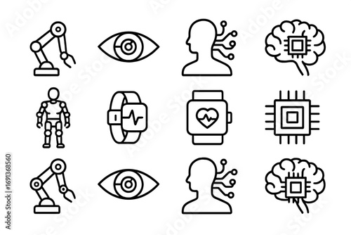Cybernetic Icon Set. Outline icon set of Cybernetic organisms: robotic arm, bionic eye, human silhouette with