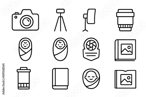 Baby Photography Icons. Outline icon set of professional newborn photographers: camera, tripod, softbox, lens,