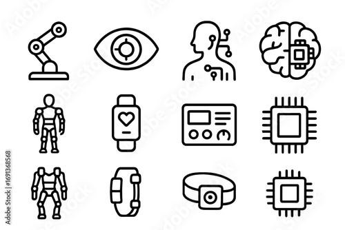 Cybernetic Icon Set. Outline icon set of Cybernetic organisms: robotic arm, bionic eye, human silhouette with