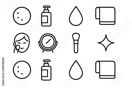 Makeup Removal Icons. Outline icon set of makeup removal routine infographic: cotton pad, cleanser bottle,