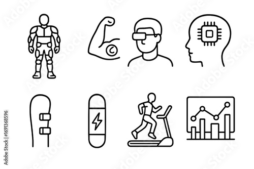 Augmented Athlete Icons. Outline icon set of Augmented performance: athlete with exosuit, muscle implant,
