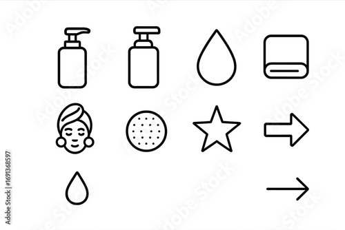 Double Cleansing Icons. Outline icon set of double cleansing routine: oil bottle, foam pump, water droplet,