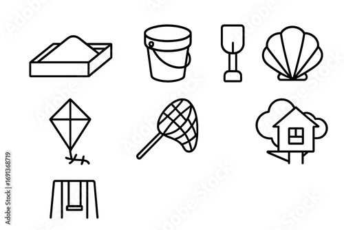 Childhood Exploration Icons. Outline icon set of Childhood exploration: sandbox, bucket, shovel, seashell,