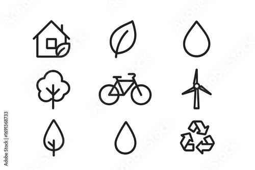 Sustainable Community Icons. Outline icon set of sustainable communities: eco house, leaf, sun, water droplet,