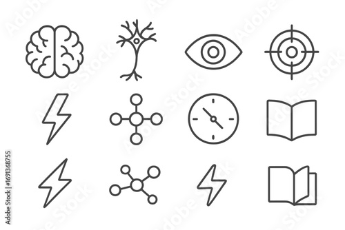 Attention Brain Network Icons. Outline icon set of brain networks involved in attention and focus: human brain