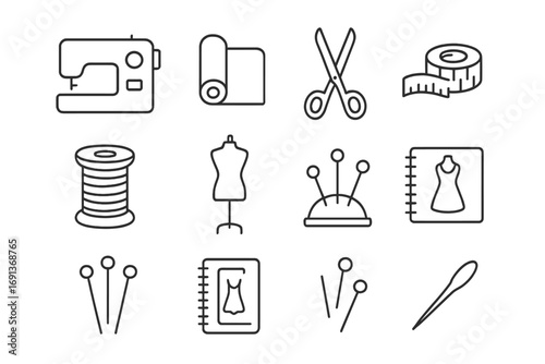 Sewing Studio Icons. Outline icon set of Sewing studio work: sewing machine, fabric roll, scissors, measuring