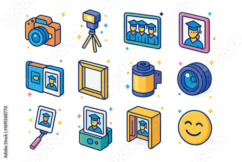 Graduation Photo Icons. Colorful isometric vector icons set of graduation photography: camera, flash tripod, group photo, single