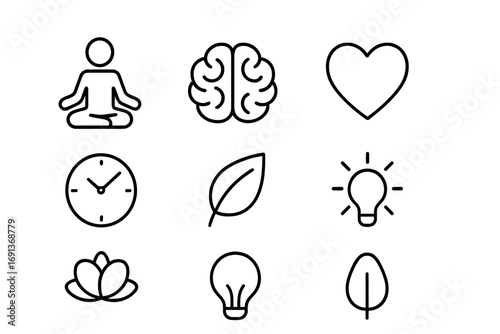 Mindfulness Icon Set. Outline icon set of mindfulness and attention: lotus pose, brain, calm face, heart,