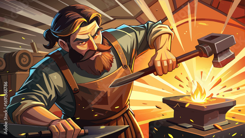 Blacksmith at glowing forge strikes hot iron with hammer. Sparks illuminate workspace, isolated white background symbolizing strength, resilience, and artistry of traditional craftsmanship.