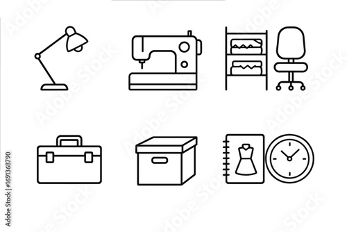 Creative Studio Icons Grid. Outline icon set of Creative studio setup: desk lamp, sewing machine, shelves with