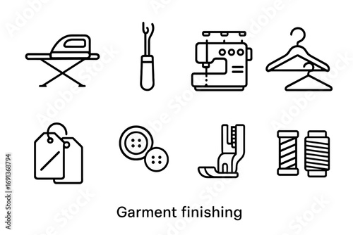 Garment Finishing Icons. Outline icon set of Garment finishing: ironing board, seam ripper, serger machine,