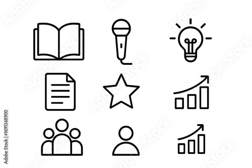 Persuasive Storytelling Icons. Outline icon set of persuasive storytelling: book, microphone, speech bubble,
