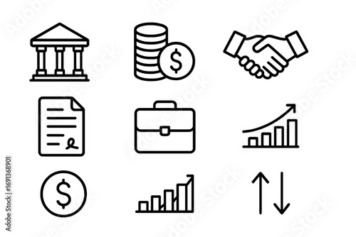 Venture Capital Icons. Outline icon set of venture capital: bank, coin stack, dollar sign, handshake, contract