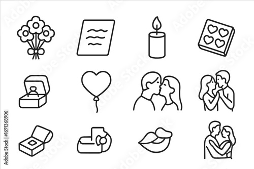 Romantic Gesture Icons. Outline icon set of Romantic gestures: bouquet, handwritten note, candle, chocolates,
