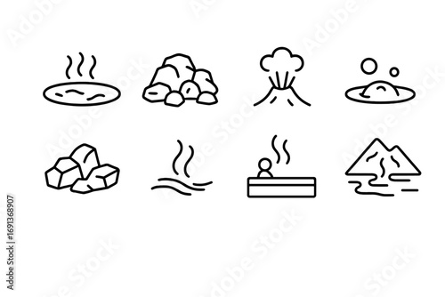 Geothermal Icon Set. Outline icon set of Geothermal destinations: steaming pool, rocky terrain, geothermal