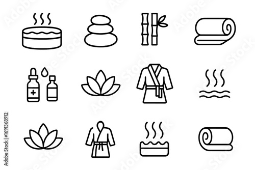 Spa Retreat Icons. Outline icon set of Spa retreats: hot tub, massage stone, bamboo plant, spa towel,