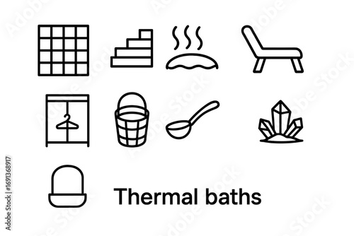 Thermal Bath Icons. Outline icon set of Thermal baths: tiled pool, wooden steps, warm water steam, relaxation
