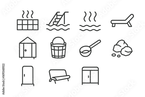 Thermal Bath Icons. Outline icon set of Thermal baths: tiled pool, wooden steps, warm water steam, relaxation