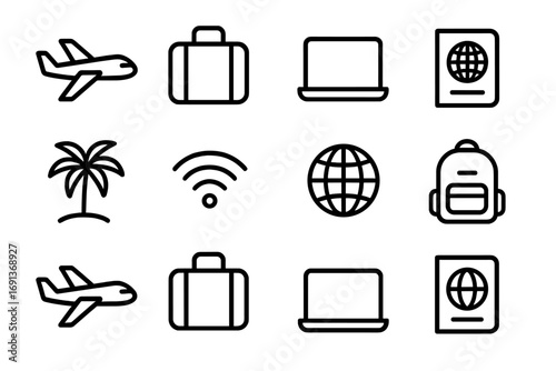 Travel Work Icons. Outline icon set of traveling while working: airplane, suitcase, laptop, passport, palm