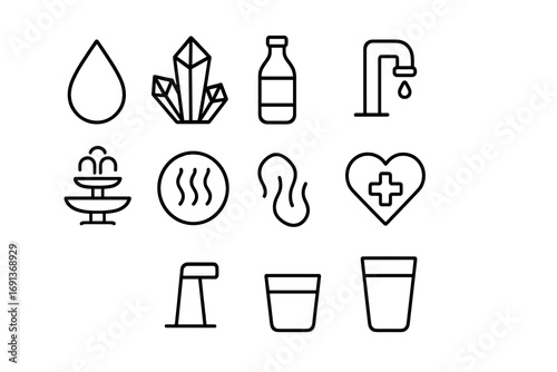 Mineral Water Icons. Outline icon set of Mineral waters: water droplet, mineral crystal, glass bottle, spring