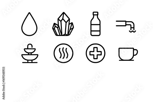Mineral Water Icons. Outline icon set of Mineral waters: water droplet, mineral crystal, glass bottle, spring