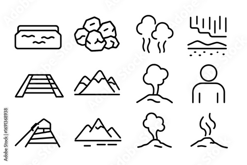 Iceland Hot Springs Icons. Outline icon set of Iceland hot springs: Blue Lagoon pool, lava rocks, steam clouds