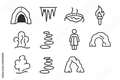 Thermal Caves Icons. Outline icon set of Thermal caves: cave entrance, stalactites, hot pool inside, torch,