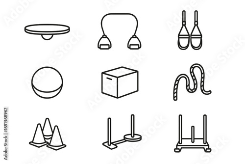 Functional Training Icons. Outline icon set of Functional training: balance board, resistance tube, TRX straps