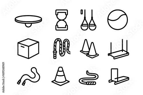 Functional Training Icons. Outline icon set of Functional training: balance board, resistance tube, TRX straps