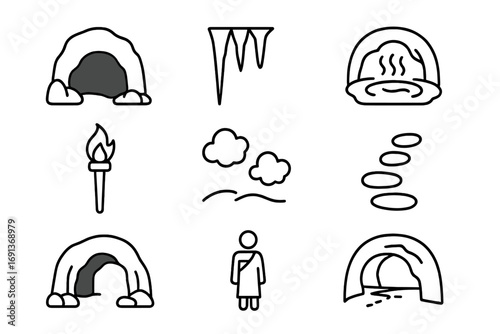 Thermal Caves Icons. Outline icon set of Thermal caves: cave entrance, stalactites, hot pool inside, torch,