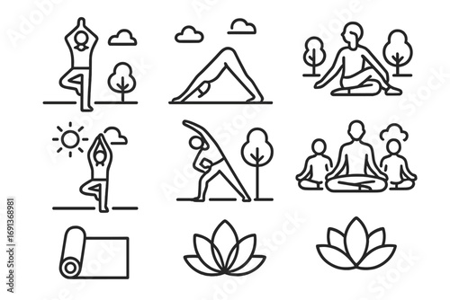 Yoga Icon Set. Outline icon set of Outdoor yoga and mobility: tree pose, downward dog, seated twist, sun
