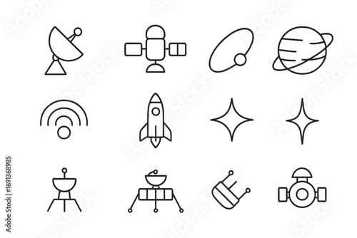 Deep Space Icons. Outline icon set of deep space communication: antenna dish, satellite, orbit path, planet,